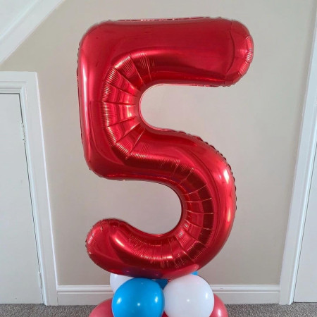 Balon din Folie Metalizata Cyrax, Figurina Cifra, Tema Aniversare 100 cm, Ambalaj Individual, Pai inclus, Umflare cu Aer sau Heliu, Rosu, Cifra 5