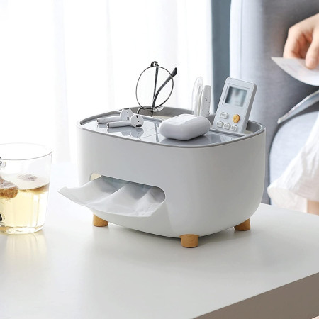 Suport pentru Servetele,  Cutie Multifunctionala, Design Minimalist, ABS, cu Suport pentru Obiectele Personale, pentru Birou, 21x12x12 cm, Gri