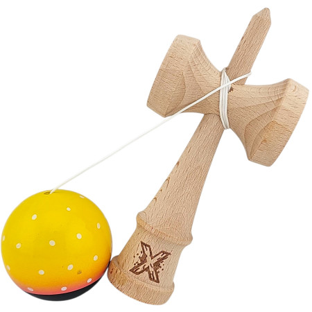 Kendama X Originala, Profesionala, Cyrax, din Lemn, Super Sticky, 18 cm, Galben/Roz/Negru