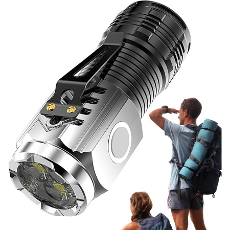 Lanterna cu 3 Nuclee Led,  Incarcare USB, Autonomie 4-20h, Raza Maxima 100-200 m, 5W, 4 x 4 x 9 cm, Suport de Agatat, Fund Magnetic, Argintiu