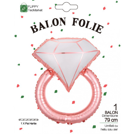 Balon din Folie Metalizata, Cyrax, Figurina Inel de Logodna, Model Diamant, Tema Nunta, 60 cm, Ambalaj Individual, Pai Inclus, Umflare cu Aer sau Heliu, Roz