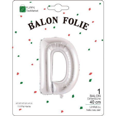 Balon Folie Metalizata Litera D, Cyrax, 40 cm, Umflati cu Heliu sau Aer, Ambalaj Individual, Pai inclus, Argintiu