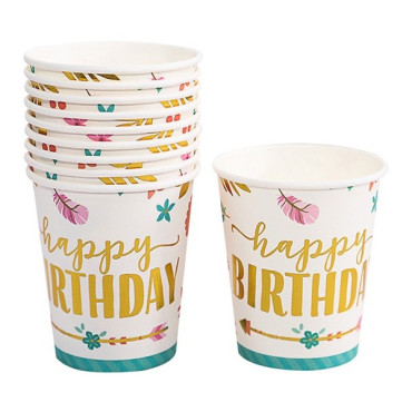 Set 10 Pahare, Cyrax, Imprimeu Happy Birthday Gold, din Carton, 250 ml, 7.5 x 8.5 x 5.2 cm, Multicolor