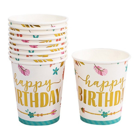 Set 10 Pahare, Cyrax, Imprimeu Happy Birthday Gold, din Carton, 250 ml, 7.5 x 8.5 x 5.2 cm, Multicolor