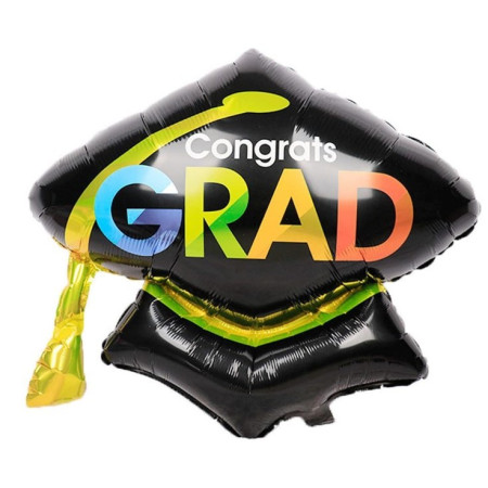 Balon din Folie Metalizata, Cyrax, Figurina, Model Toca Congrats Grad, Tematica Absolvire,  66x66 cm, Ambalaj Individual, Pai Inclus, Umflare cu Aer sau Heliu, Negru