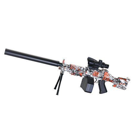 Mitraliera de jucarie electrica Cyrax cu bile de hidrogen de gel, gun bluster, tragere in rafala, varsta peste 6 anil, ochelari de protectie, 5000 de bile incluse, cablu de incarcare, 22.5x81.5 cm, ST, portocali