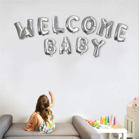 Set Baloane din Folie Metalizata, Cyrax, Figurine Litere, Model Welcome Baby, Tema Aniversare, 40 cm, Ambalaj Individual, Pai inclus, Umflare cu Aer sau Heliu, Argintiu