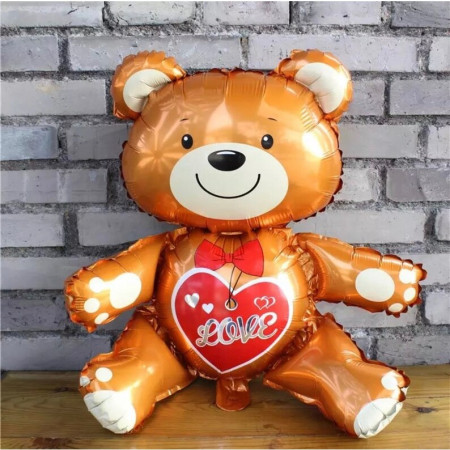 Balon din Folie Metalizata, Cyrax, Figurina Urs, Model Love, Tema Ziua Indragostitilor, 60x63cm, Ambalaj Individual, Pai Inclus, Umflare cu Aer sau Heliu, Maro