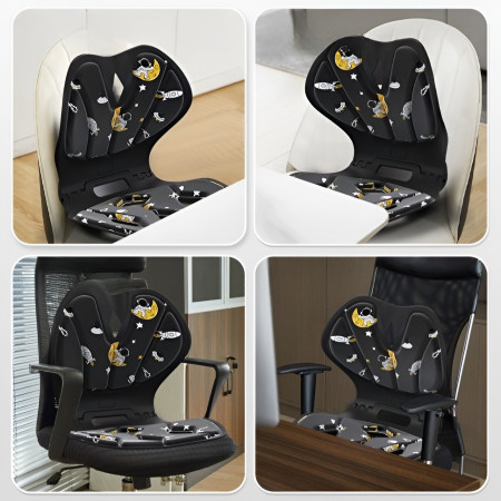 Suport pentru Scaun, Cyrax, pentru Corectarea Posturii, Portabil, Pliabil, Ergonomic, Ameliorare Durere, Respirabil, 35x32x30 cm, Marime L, Model Rachete, Negru