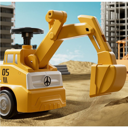 Excavator Manual pentru copii, Cyrax, 3 ani, Sport, Claxon, Cutie Depozitare, Lumini, Scaun, 62x26x47 cm, Galben