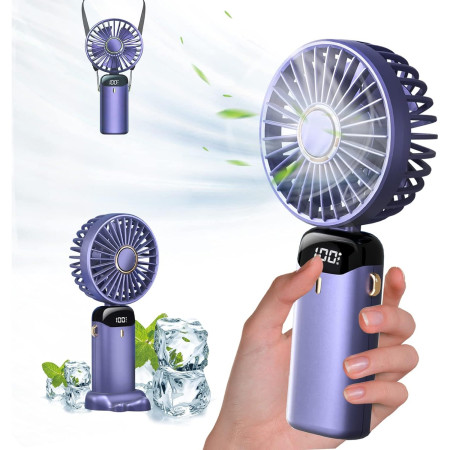 Ventilator Ultra Portabil cu Aromaterapie,  3 in 1, de Mana, de Birou, de Gat, 5 Trepte de Viteza, Incarcare USB, Autonomie 12h, Pliabil, cu Ecran LCD, Mov