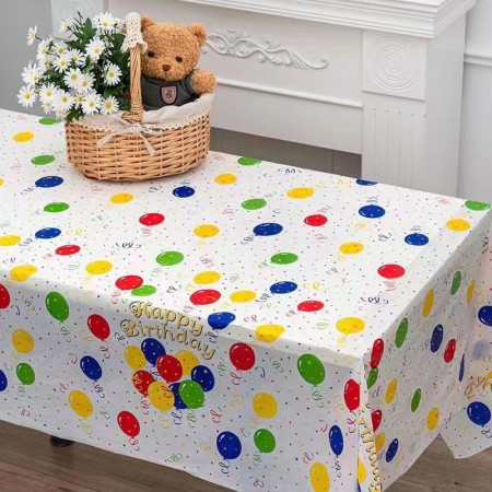 Fata de Masa, Cyrax, din PEVA, Imprimeu Happy Birthday cu Baloane, 137 x 274 cm, Impermeabila, Fara Pete, Curatare Rapida, Multicolor