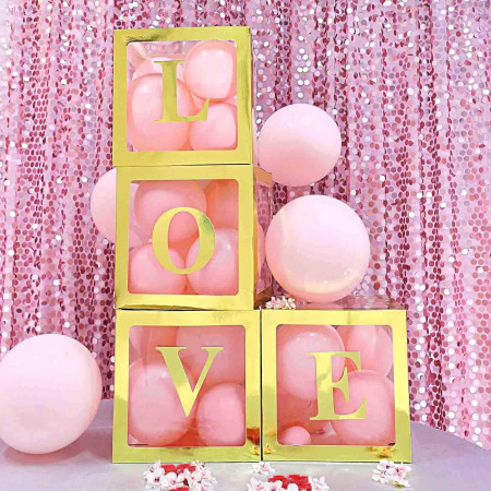 Set 4 Cutii pentru Baloane, Cyrax, Model Simplu, Tematica Aniversare, Cuburi Decorative din Plastic, Accesorii pentru Petrecere, 30 x30 cm, Transparente Contur Auriu