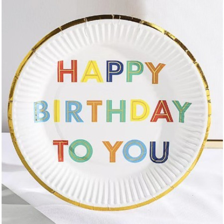 Set 10 Farfurii Unica Folosinta, Cyrax, Imprimeu Happy Birthday, din Carton, Diametru 18 cm, Alb
