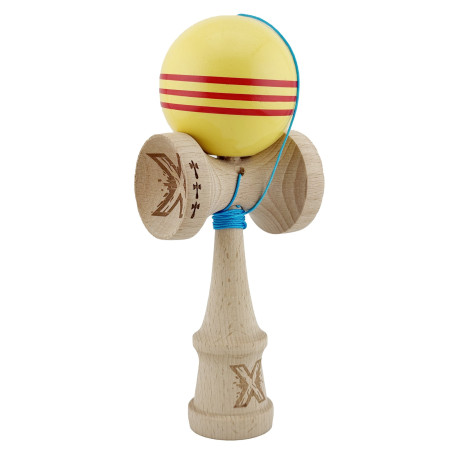 Kendama X Originala, Profesionala, Cyrax, Big Cups V2, Super Sticky Legendary Cupe Mari, Rulment Metalic cu Ata 55 cm, Galben/Linii Rosii