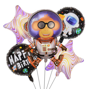 Baloane Model Maimutica Spatiala, Cyrax, Set din 5 baloane, 1 Maimutica Astronaut, 2 Stele, 2 Rotunde, din folie de aluminiu, Adeziv si pai incluse, 78x45cm, Multicolor