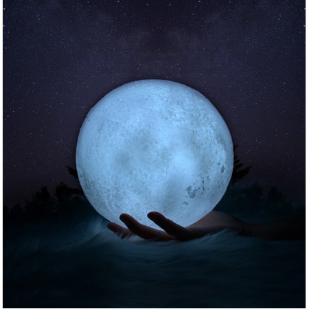 Lampa de veghe luna 3D Moon Light, lumina multicolora cu LED, 7 culori, schimbare culoare prin atingere, alimentare baterii, fara acumulator, stand din plastic inclus, 18 cm, Flippy