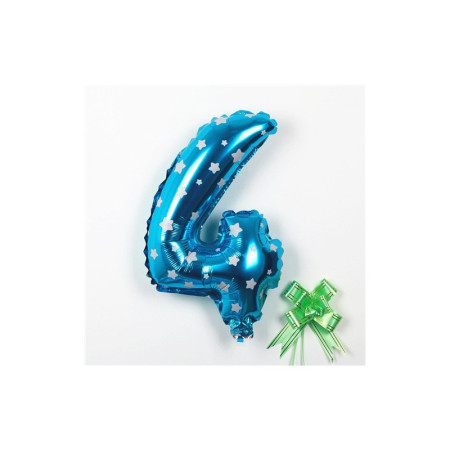 Balon din Folie Metalizata Cyrax, Figurina Cifra, Imprimeu Stele, Tema Aniversare 80 cm, Ambalaj Individual, Pai inclus, Umflare cu Aer sau Heliu, Albastru, Cifra 4