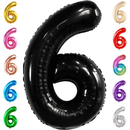Balon din Folie Metalizata Cyrax, Figurina Cifra, Tema Aniversare 40 cm, Ambalaj Individual, Pai inclus, Umflare cu Aer sau Heliu, Negru, Cifra 6