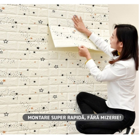 Set 10 Placi de Tapet,  Autoadezive, 70 x 77 cm, Suprafata Acoperita 5.3 mp, din PVC, Model Stelute Curcubeu, Alb