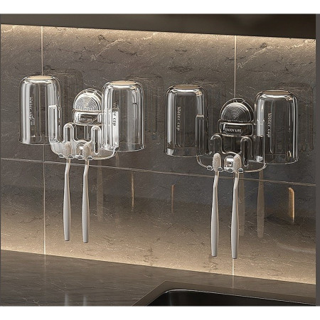 Suport Multifunctional Dublu, Pahar si Suport pentru Periuta de Dinti,  Plastic, 11 cm x 11.5 cm, Gri