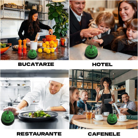 Clopotel Metalic Multifunctional, Cyrax, Verde cu Imprimeu Smiley Face, 7.5x7.5x6.5 cm, Receptie, Restaurant, Cafenele