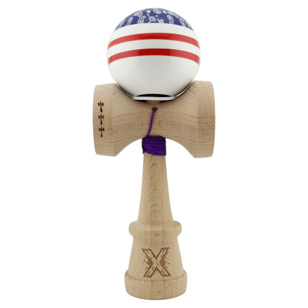 Kendama X Originala CHICANOS, Profesionala, Cyrax, Cupe Mari KING SIZE V3, Super Sticky, Gaura in Baza, Rulment Metalic, din lemn 18 cm, Ata 55 cm, Mov/Alb