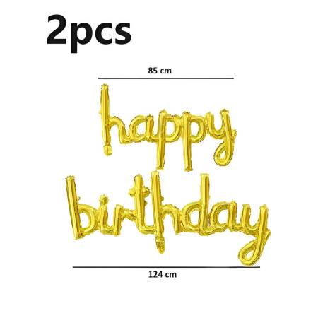 Set Baloane din Folie Metalizată, Cyrax, Model Happy Birthday, 45x85 cm, 45x124cm, Baloane Party, Ambalaj Individual, Pai inclus, Umflare cu Aer sau Heliu, Gold