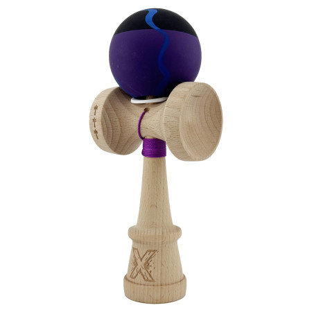 Kendama X Originala, Profesionala, Cyrax, Rubber Grip, Cupe Mari KING SIZE V3, Gaura in Baza, Rulment Metalic, din lemn 18 cm, Ata 62/65 cm, Special Negru/Mov/Albastru