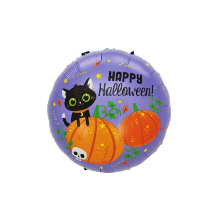 Set 5 Baloane din Folie Metalizata, Cyrax, Figurine, Tema Halloween, Pai Inclus, Ambalaj Individual, Umflare cu Aer sau Heliu, Figurina Dovleac si Pisica 84x69 cm, Stelute si Cerculete 45 cm, Multicolor
