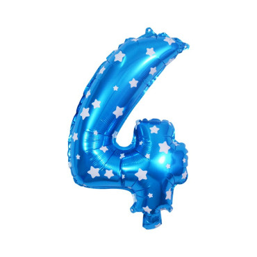 Balon din Folie Metalizata Cyrax, Figurina Cifra, Imprimeu Stele, Tema Aniversare 80 cm, Ambalaj Individual, Pai inclus, Umflare cu Aer sau Heliu, Albastru, Cifra 4