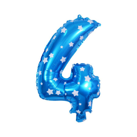 Balon din Folie Metalizata Cyrax, Figurina Cifra, Imprimeu Stele, Tema Aniversare 80 cm, Ambalaj Individual, Pai inclus, Umflare cu Aer sau Heliu, Albastru, Cifra 4
