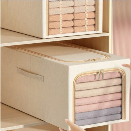 Cutie de Depozitare,  56L, din In si Bumbac, Pliabila, Cadru din Otel, 53 x 35 x 30 cm, Kaki