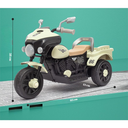 Motocicleta Electrica Cyrax, cu Acumulator, cu Sistem Anti-Rasturnare, Sistem de Lumini si Muzica, Cutie de Depozitare, 1-8 Ani, 93 x 43 x 58 cm, Alb - Bej