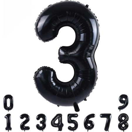 Balon din Folie Metalizata Cyrax, Figurina Cifra, Tema Aniversare 40 cm, Ambalaj Individual, Pai inclus, Umflare cu Aer sau Heliu, Negru, Cifra 3