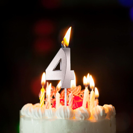 Lumanare Cifra 4, Cyrax, Model Diamond, 5 x 3.4 cm, Argintiu