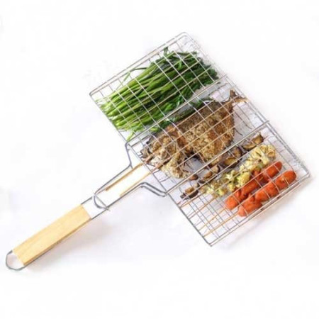 Gratar pentru Peste si Carne, Cyrax, Suprafata Utila 32x19 cm, Otel Inoxidabil, cu Maner, Portabil, Argintiu
