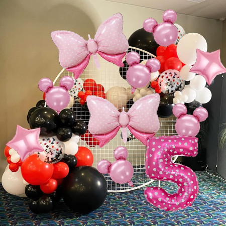 Balon din Folie Metalizata Cyrax, Figurina Cifra, Imprimeu Inimi, Tema Aniversare 80 cm, Ambalaj Individual, Pai inclus, Umflare cu Aer sau Heliu, Roz, Cifra 5