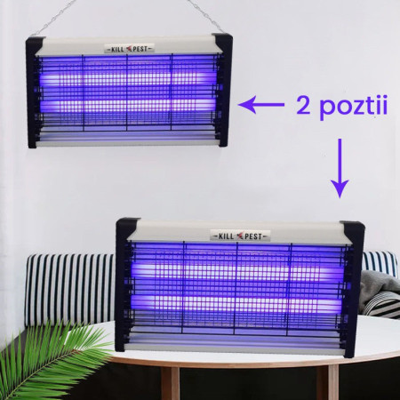 Lampa Electrica Anti Insecte,  Lumina Neon, 2 tuburi cu putere de 30W, Suspensie Perete, Carcasa din Plastic Metalica, 49 x 25 x 6 cm, Alb Negru