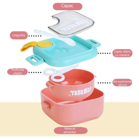 Caserola pentru copii Cyrax, lunch box, 750 ml, doua boluri, lingura, foarfeca din plastic, rezistenta la scurgeri, Roz