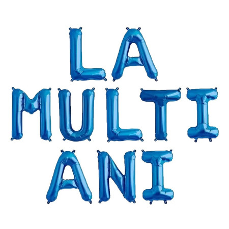 Set 10 Baloane din Folie Metalizata, Cyrax, Figurine Litere, Model La multi ani, Tema Aniversare, 40 cm, Ambalaj Individual, Pai Inclus,  Umflare cu Aer sau Heliu, Albastru