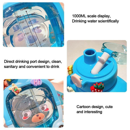 Sticla cu pai pentru copii, Cyrax, model ursulet, gradata, stickere aplicate, curea reglabila, din plastic rezistent la cadere, 1l, Albastru, 20 x 13 cm