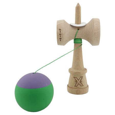 Kendama X Originala, Profesionala, Cyrax, Rubber Grip, Cupe Mari KING SIZE V3, Gaura in Baza, Rulment Metalic, din lemn 18 cm, Ata 62/65 cm, Bicolor Mov/Verde