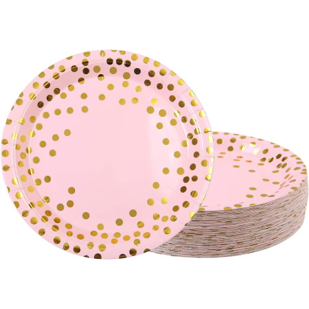 Set 10 Farfurii Unica Folosinta, Cyrax, Imprimeu cu Buline, din Carton, Diametru 18 cm, Roz/Auriu
