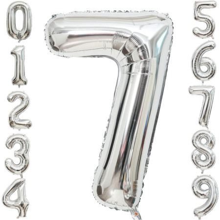 Balon din Folie Metalizata Cyrax, Figurina Cifra, Tema Aniversare 40 cm, Ambalaj Individual, Pai inclus, Umflare cu Aer sau Heliu, Argintiu, Cifra 7