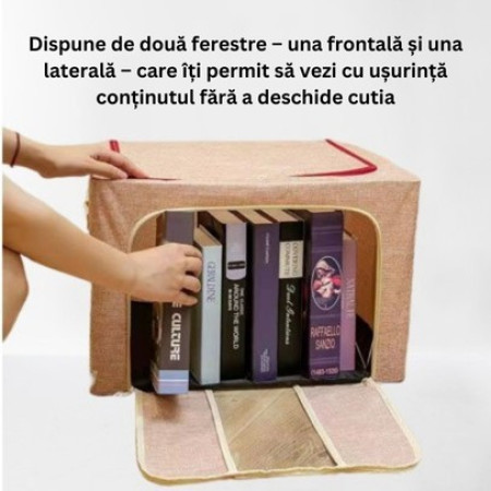 Cutie de Depozitare Pliabila,  100 L, din Bumbac si In, 60x42x40 cm, Fereastra Frontala, 2 Usi de Acces cu Fermoar Bidirectional, Cadru Metalic, Suport Baza Stabil din Plastic, Roz Pudrat