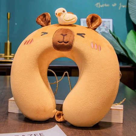 Perna de Calatorie in Forma de U,  Pentru Gat si Cap, Umplutura din Spuma cu Memorie, 30x30 cm, Model Capybara, Accesoriu de Voiaj, Birou, Masina, Sistem Prindere Capse, Maro