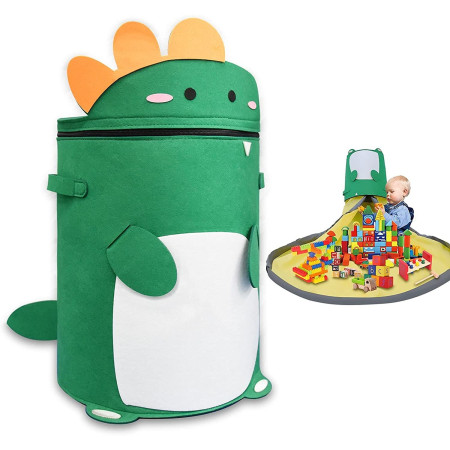 Cutie de Depozitare 2In1,  Impermeabila, Covor pentru Jucarii si Lego 150cm, Capacitate Mare, cu Manere, cu Sfori, Inaltime 40cm, Model Dinozaur, Verde