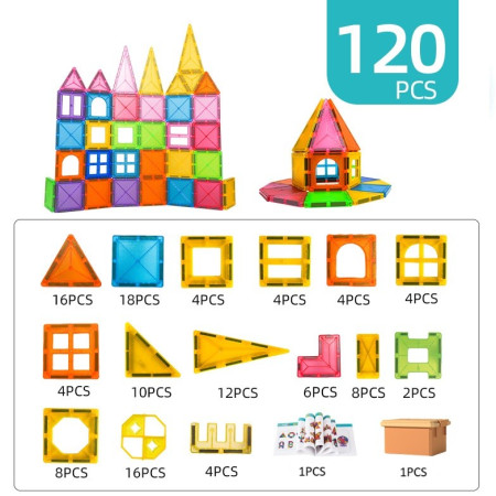 Set 120 de Piese Magnetice de Constructie, Cyrax, Piese Mari, Magnetic Tiles, Forme Geometrice, 3 Ani, ABS, Magnet, 20.5 x 14.5 x 12 cm, Multicolor