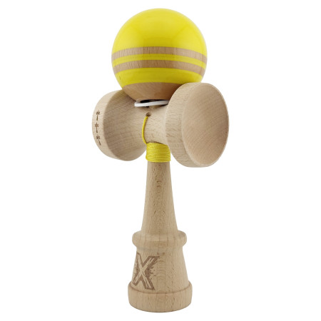 Kendama X Originala RAINBOW, Profesionala, Cyrax, Cupe Mari KING SIZE V3, Super Sticky, Gaura in Baza, Rulment Metalic, din lemn 18 cm, Ata 55 cm, Galben/Maro